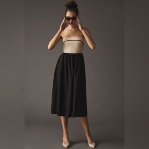New Strapless Two Tone Linen Blend Midi Dress